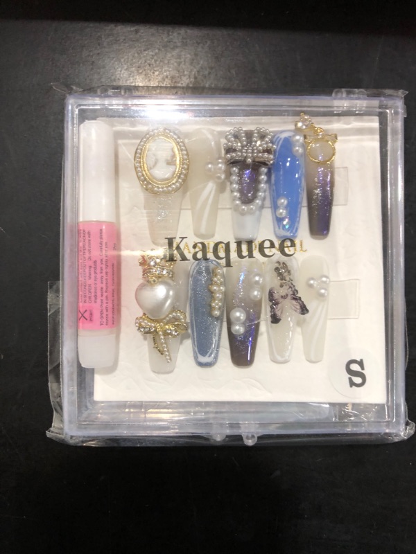 Photo 1 of [Size S] Kaquee-Really Handmade Press on Nails Long,Luxury Coffin Fake Nails Y2k,Glue Stick on Nails with Bling Rhinestones Butterfly,Nail Art Gifts for Women Girls 10Pcs (S, White&Black&Blue)