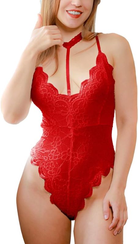 Photo 1 of [Size S] NEWEVEN Women's Sexy Lace One Piece Lingerie Deep V Snap Crotch Teddy Babydoll Bodysuit- Red