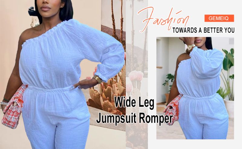 Photo 1 of [Size L] GEMEIQ Women's Sexy One Shoulder Jumpsuit Long One Sleeve Casual Wide Leg Long Pants Romper Jumpsuit- White