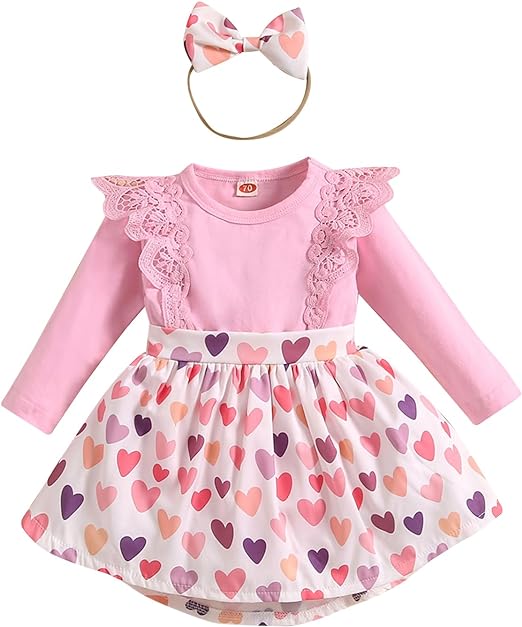 Photo 1 of [Size 5T] Noubeau Toddler Baby Girls Valentine's Day Outfits Knit Ribbed Shirt Tops Red Heart Print Belt Skirt Spring Clothes 