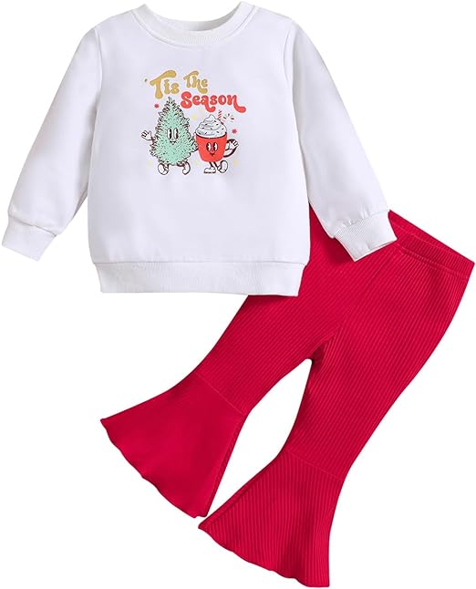 Photo 1 of [Size 6-7T] AMAWMW Toddler Baby Girl Christmas Outfit Santa Claus Sweatshirt Bell Bottoms 2Pcs Christmas Outfit For Little Girls 2-3T Bell Bottoms Outfit 3