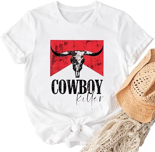 Photo 1 of [Size L] Cowboy Killer Shirt Women Wild Vintage Western Rodeo T-Shirt Bull Skull Graphic Tee Country Concert Letter Print Tops
