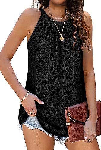 Photo 1 of [Size XL] DUOEASE Halter Tank Tops for Women 2023 Summer Casual Sleeveless Eyelet Cami Trendy Pleated Flowy Tops