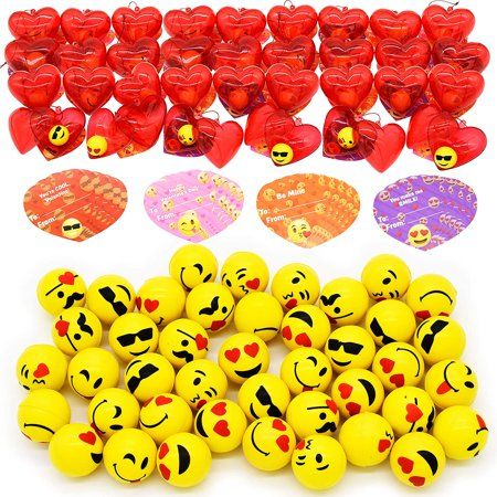 Photo 1 of 30 Packs Emoji Kids Valentine Party Favors Set with 30 Emoji Bouncy Balls Filled Hearts and Valentine Cards for Kids Valentine Classroom Exchange, Coo

