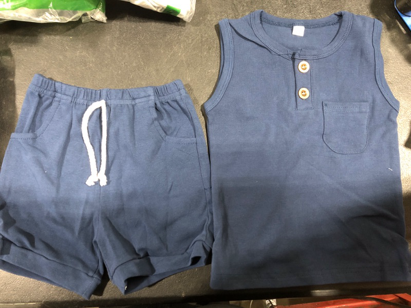 Photo 2 of [Size 2T] Karesoull Summer Toddler Baby Boy Girl Clothes Set Unisex Waffle Outfits Solid Short Sleeve Pocket Tops Shorts 2PCS 12-18 Months Sleeveless Indigo