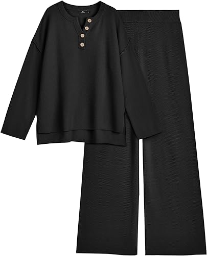 Photo 1 of [Size M] LILLUSORY Women's 2 Piece Lounge Sets Oversized Slouchy Matching Sets Cozy Knit Sets- Black