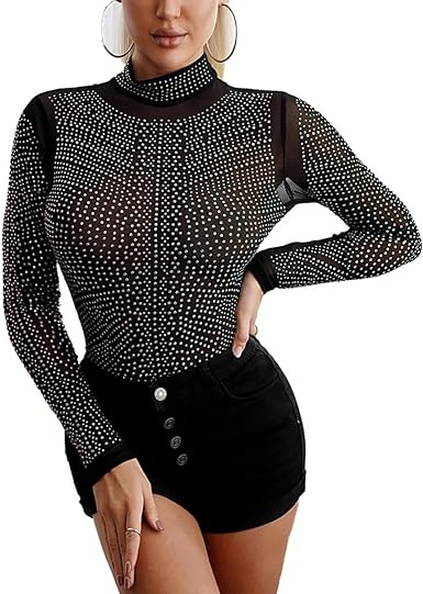 Photo 1 of [Size Small]AviviRuth Women Plus Size Sheer Mesh Turtleneck See Through Rhinestone Leotard Bodysuit Body Tops
 