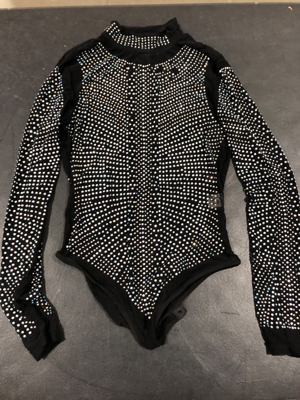 Photo 2 of [Size Small]AviviRuth Women Plus Size Sheer Mesh Turtleneck See Through Rhinestone Leotard Bodysuit Body Tops
 