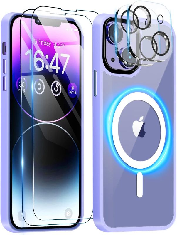 Photo 1 of BOTOER Magnetic Case Designed for iPhone 14 Plus Case,[Compatible with Magsafe][2 Pcs Glass Screen Protector+Camera Lens Protector][Shockproof Slim Thin Phone Case Cover] 6.7 inch,Purple 