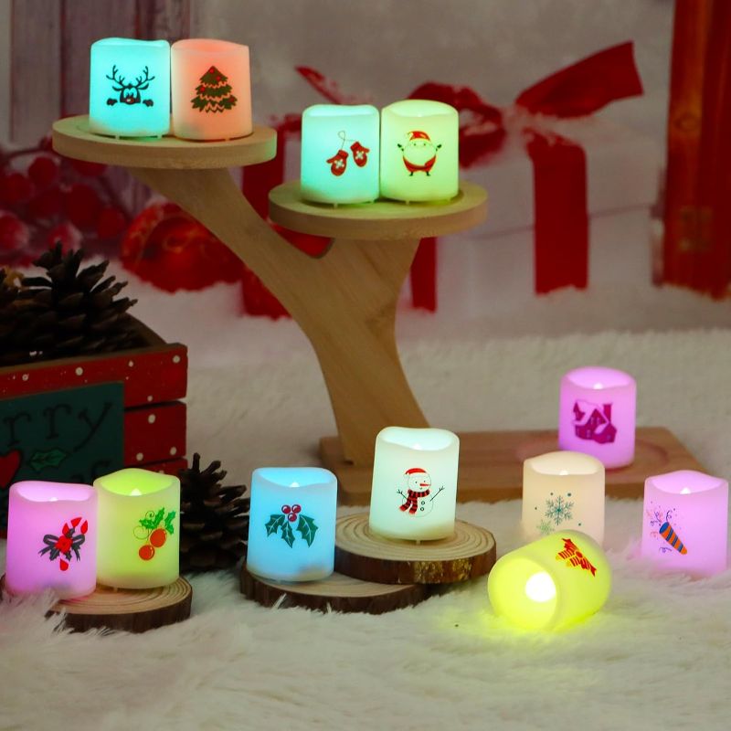 Photo 1 of 12 Pack Christmas Votive Candles Battery Operated, Color Changing Tealight Flameless Candles, LED Fake Electric Candles for Gifts Party Holiday Christmas Home Decorations Indoor, 1.5"D × 1.73"H 