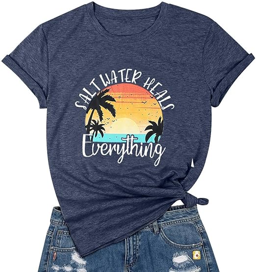 Photo 1 of [Size S] KIDDAD Saltwater Heals Everything Shirt Women Hawaiian Palm Trees Graphic T-Shirt Summer Vacation Beach Tee Shirt Tops

