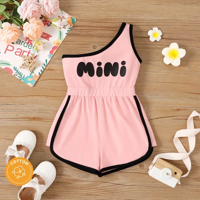 Photo 1 of [Size 2T] PATPAT Toddler Girls One Shoulder Romper Letter Print High Waist Sport Shorts Jumpsuit Pink 18-24 Months