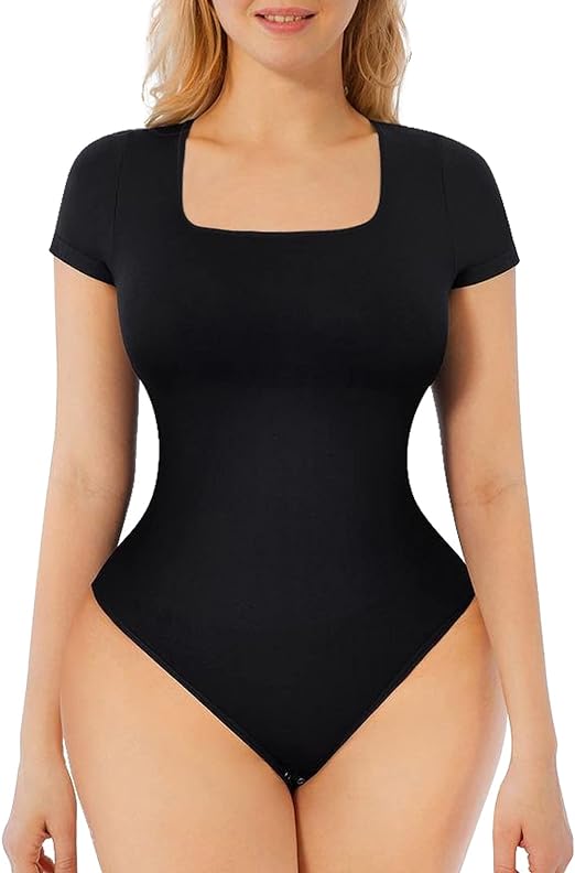 Photo 1 of [Size 2XL] Shapebus Bodysuit Shirts for Womens Sexy Halter Neck Sleeveless Tank Tops Black Square Neck Long Sleeve Bodysuit