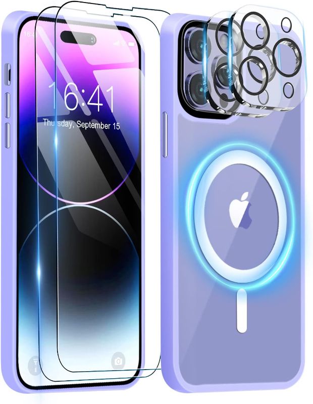 Photo 1 of BOTOER Magnetic Case Designed for iPhone 14 Pro Case,[Compatible with Magsafe][2 Pcs Glass Screen Protector+Camera Lens Protector][Shockproof Slim Thin Phone Case Cover] 6.1 inch,Purple
