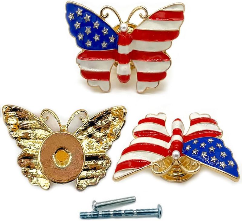 Photo 1 of YOUYOUULU 3Pcs Metal-Butterfly-Drawer-Knobs, Unique-U.S.-Flag-Design-Animals-Cabinet-Pulls, Antique-Butterfly-Dresser-Handles Furnitures Decor Knob DIY (Flag Pattern)
