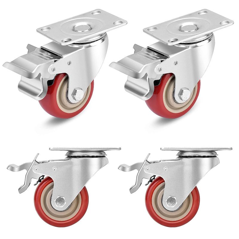 Photo 1 of 3 Inch Industrial Heavy Duty Swivel Caster Wheels with Brake,Set of 4 Safety Locking Casters,Load 1600lbs,Premium Polyurethane Wheels for Table, Trailer, Saw Table, Stage Toolbox, Bed, Corn Board
