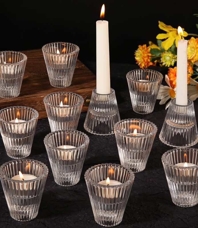 Photo 1 of 12pcs Ribbed Votive Candle Holders Glass Bulk, 2 in 1 Clear Tea Light Candle Holder for Taper Candle & Tea Light, Tealights Candle Holders Dining TableCenterpiece Decor(Clear) 