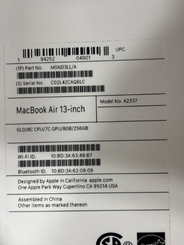 Photo 6 of Apple 2020 MacBook Air Laptop M1 Chip, 13" Retina Display, 8GB RAM, 256GB SSD Storage, Backlit Keyboard, FaceTime HD Camera, Touch ID. Works with iPhone/iPad; Gold 256GB Gold - FACTORY SEALED - OPENED FOR PICTURES 