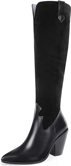 Photo 1 of Coutgo Women's V Cut Knee High Boots Pointed Toe Chunky Block Heel Cowboy Patchwork Western Boots - SIZE 5 1/2 