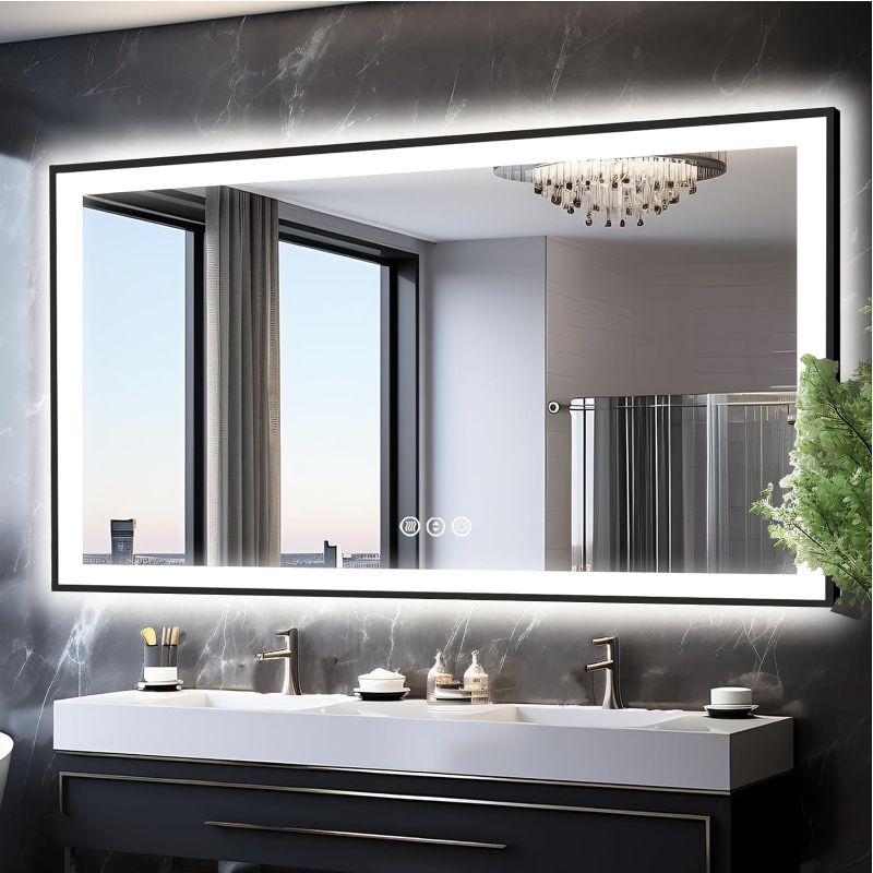 Photo 1 of 72x40 Large Light up Bathroom Mirror, Wall-Mounted LED Vanity Mirrors, Black Trim and Double Lights, 3 Colors and Stepless Dimming, Anti-Fog, Memory, Shatterproof (Horizontal/Vertical)