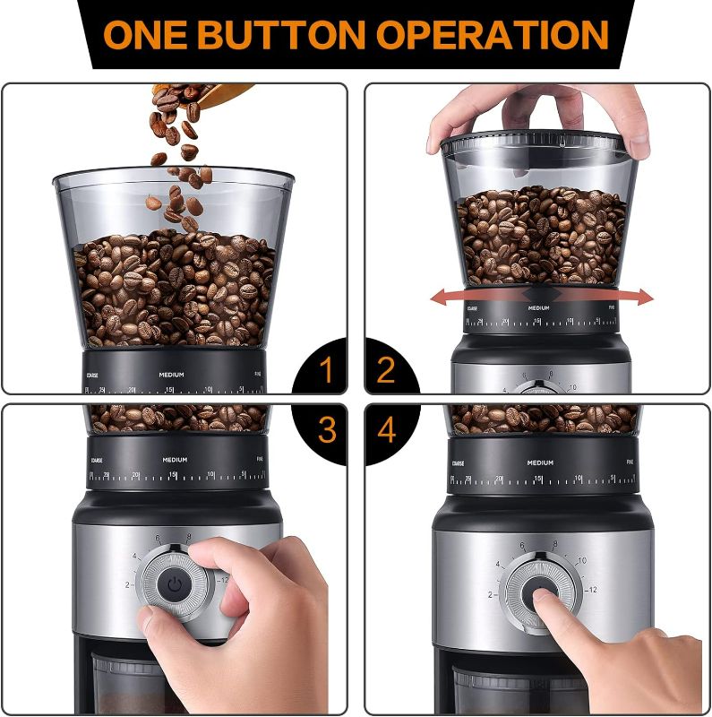 Photo 3 of (READ FULL POST) Ollygrin Coffee Grinder Electric Burr Mill, Conical Burr Espresso Coffee Grinder, Coffee Bean Grinder With 30 Adjustable Settings Precise Setting For 2-12 Cups Stainless Steel Silver