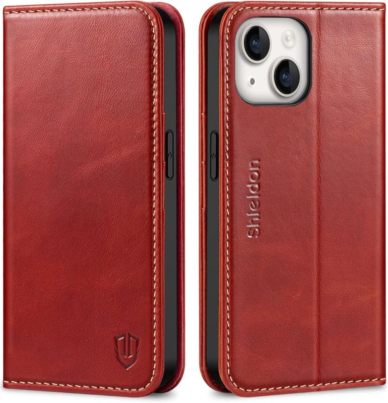 Photo 1 of SHIELDON Wallet Case for iPhone 14 5G 2022, Genuine Leather Folio Case Magnetic Closure RFID Blocking Card Slots Kickstand Full Protection Case Compatible with iPhone 14 (6.1 inch) - Retro Red
