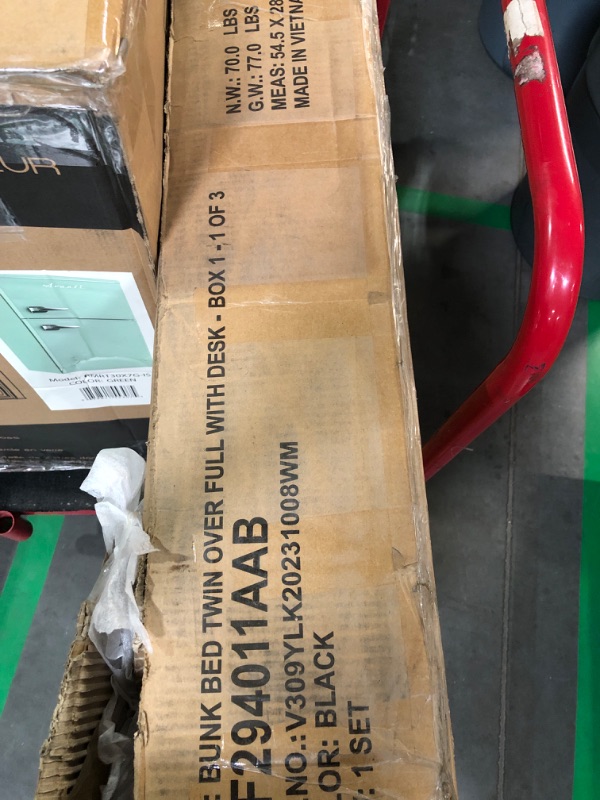 Photo 1 of **READ****NON REFUNDABLE NO RETURNS SOLD AS IS***PARTS ONLY**
***BOX 1 OF 3***MISSING BOX 2 AND 3**Triple Bunk Bed, L Shaped Twin Over Full Upholstered Bunk Bed and Twin Size Loft Bed with Desk, 3 Bunk Beds for Kids Teens Adults, Gray Velvet L-Shaped Trip