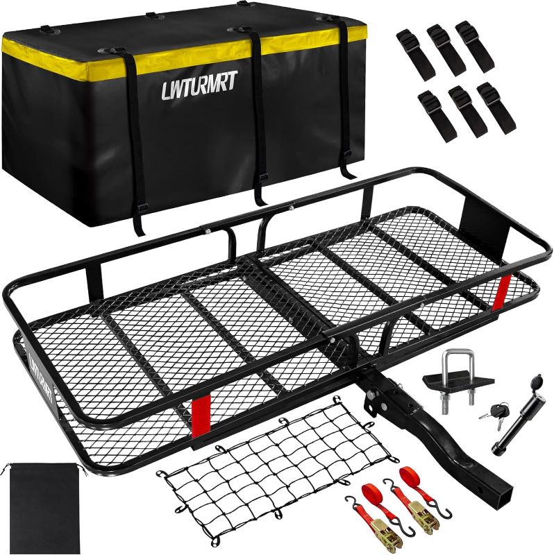 Photo 1 of 
Roll over image to zoom in
60"X21.6"X6" Hitch Cargo Carrier and Receiver Hitch Cargo Rack with Waterproof Cargo Bag(58"X20"X24"),Carrier Cargo Used Rust Resistant Baking Paint and Alloy Steel Material