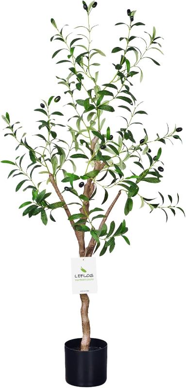 Photo 1 of Faux Olive Tree Indoor, Skinny Fake Plant 4ft for Home and Room Decor, 48'' Artificial Potted Plant with Realistic Trunk, Adjustable Branch and Plump Olives