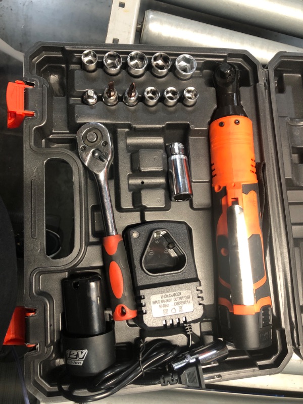 Photo 1 of MJF 3/8" Cordless Electric Ratchet Wrench Set, 12V Two 2.0Ah Batteries, 40 Ft-lbs 400 RPM, 13 Sockets, Variable Speed, Comes with Manual Ratchet Wrench