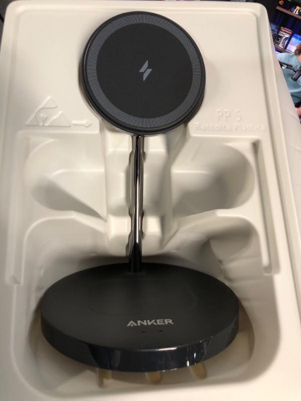 Photo 2 of **DAMAGED BOX**Anker Wireless Charging Stand, PowerWave 2-in-1 Magnetic Stand Lite with USB-C Cable, Compatible with iPhone 15/15 Pro/15 Plus/15 Pro Max/14/13 and AirPods 2/Pro - No AC Adapter Included
