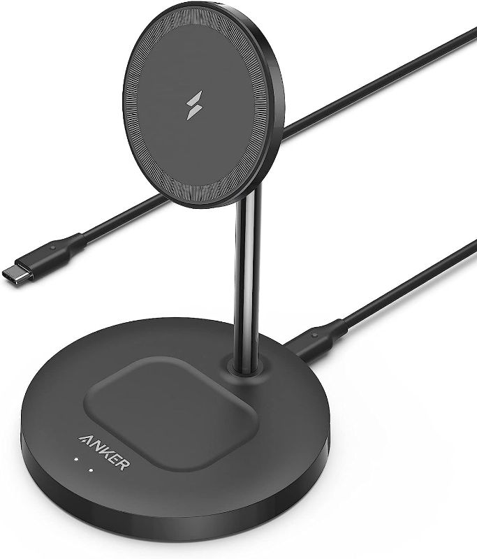 Photo 1 of **DAMAGED BOX**Anker Wireless Charging Stand, PowerWave 2-in-1 Magnetic Stand Lite with USB-C Cable, Compatible with iPhone 15/15 Pro/15 Plus/15 Pro Max/14/13 and AirPods 2/Pro - No AC Adapter Included
