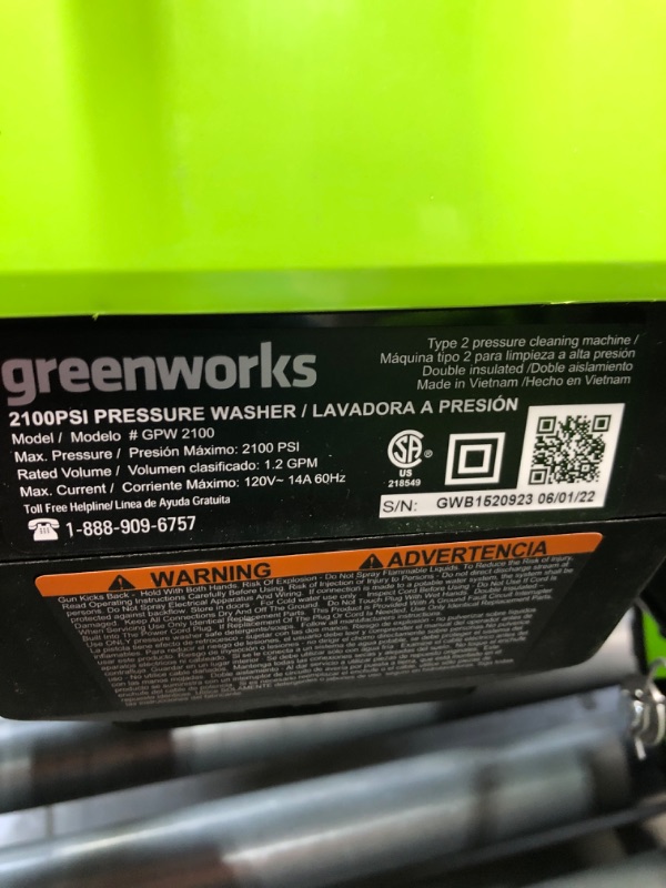 Photo 2 of **NON-REFUNDABLE- BROKEN- PARTS ONLY**Greenworks 2000 PSI 1.2 GPM Pressure Washer (Open Frame GPW2003) GPW2003
