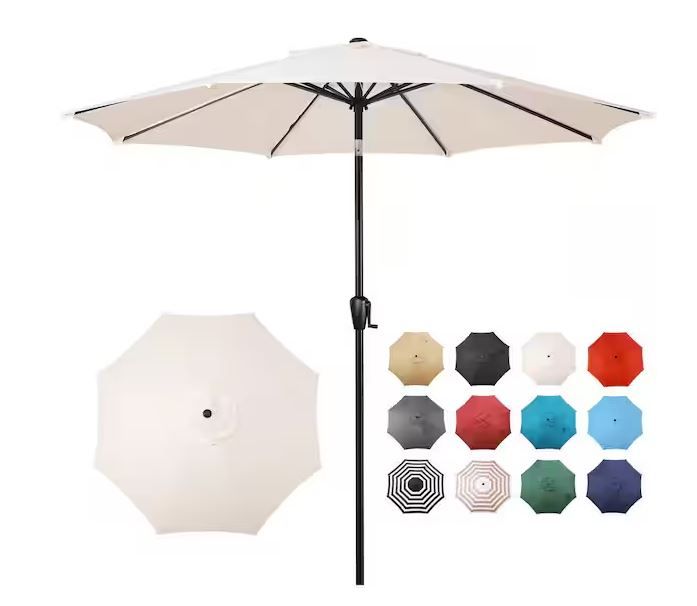 Photo 1 of **MISSING BASE-ONLY TOP PIECE/ WRITING ON UMBRELLA**Round 8-Rib Steel Market Patio Umbrella in Creamy Beige