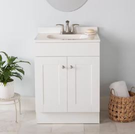 Photo 1 of **BROKEN SINK- USE FOR CABINET ONLY**Project Source 24-in White Single Sink Bathroom Vanity with White Cultured Marble Top
