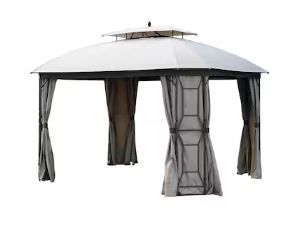 Photo 1 of **MISSING PIECES- DAMAGED HINGE- PARTS ONLY- NON-REFUNDABLE***Style Selections 10.8-ft x 12.8-ft Rectangle Dark Brown Frame and Taupe Fabric Metal Polyester Roof Semi-permanent Gazebo with Screen Included
