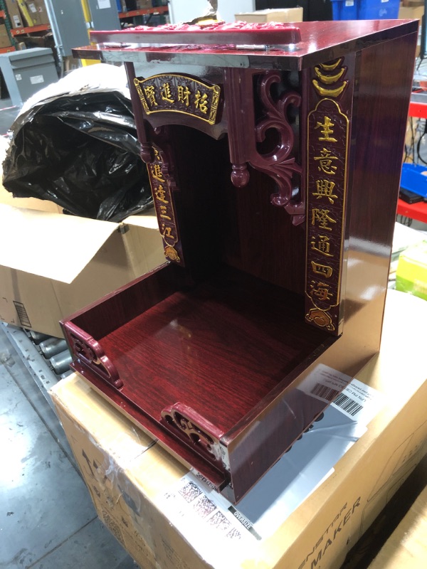 Photo 1 of Buddha Altar Shelf Pet Ashes House Wood Buddhist Altar Statue Booth Table Project Storage Cabinets Wooden Wall Rack for Meditation Home Office Decor Red Buddhist Altar Supplies