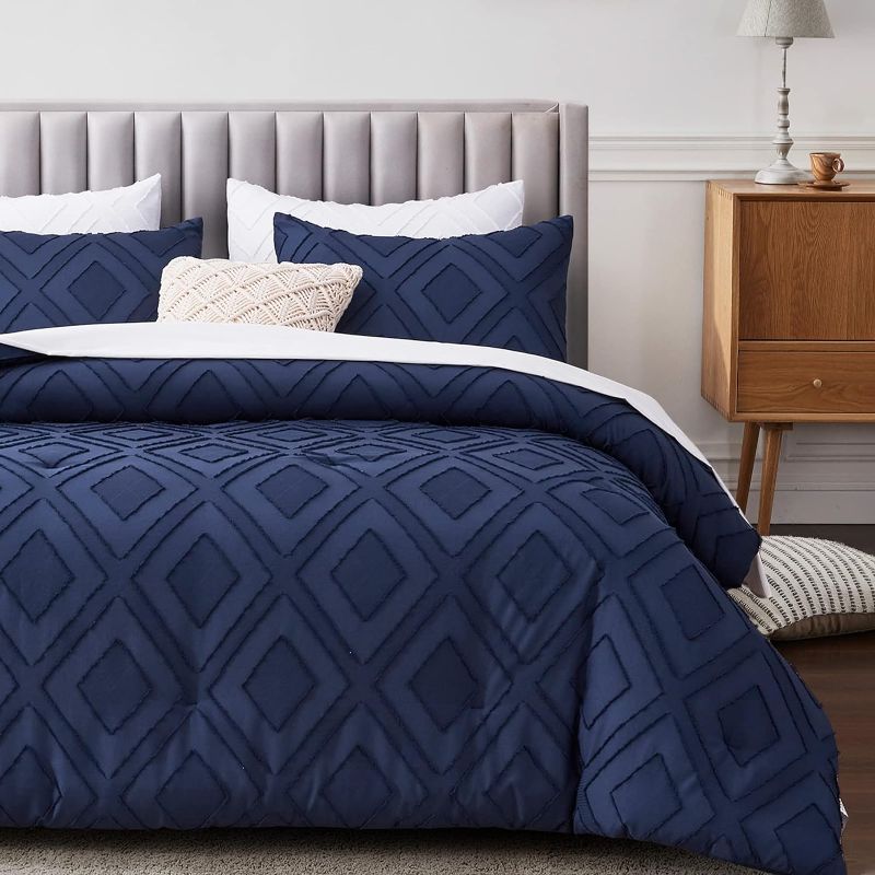 Photo 1 of Boho Queen Comforter Set,Navy Blue Rhombus Tufted Queen Size Comforter Set with Corner Loops,3 Pieces Embroidery Shabby Chic Bedding Comforter Sets for All Seasons(Navy Blue,Queen)