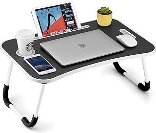 Photo 1 of Foldable Laptop Table, Portable Lap Desk Bed Table Tray, Laptop Stand with Cup Holder & Tablet Slot & Lifting Handle for Working Writing Drawing & Eating (Black)
