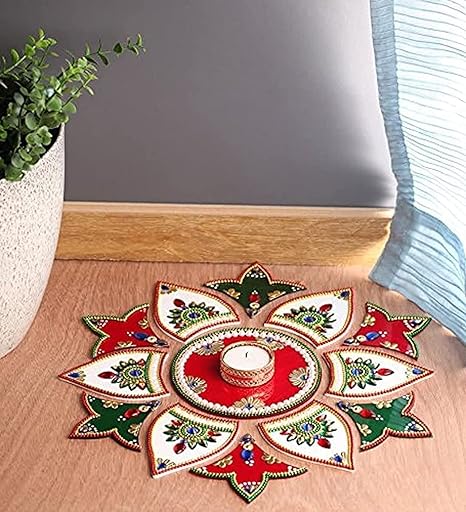 Photo 1 of Itiha White Red Green 13 Pieces Rangoli Indian Decor for Wall Decoration, Floor Decoration & Table Decoration for Diwali & Christmas with Tea Light Candle Holder (15 inches * 15 inches)