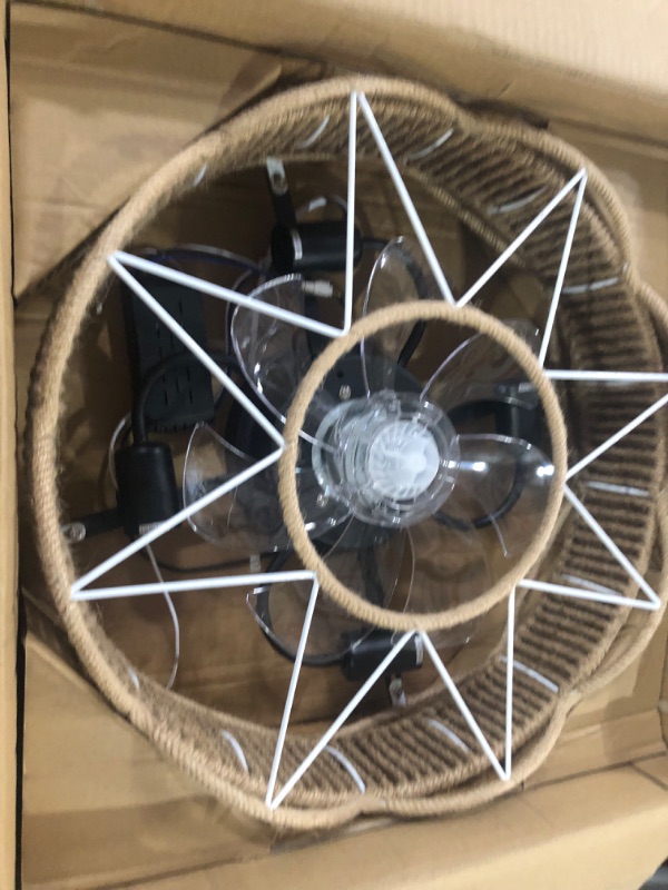 Photo 2 of ***USED - MISSING PARTS - UNABLE TO VERIFY FUNCTIONALITY***
Farmhouse Caged Ceiling Fan with Lights Remote Control, 18" Cage Low Profile Ceiling Fans, Boho Flush Mount Woven Rattan Fans Light, Enclosed Bladeless Industrial Ceiling Fan 6 Speed Reversible M