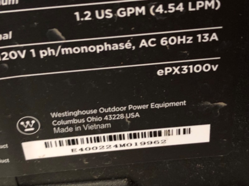 Photo 4 of ***USED - DOESN'T POWER ON - UNABLE TO TROUBLESHOOT - MISSING PARTS***
Westinghouse ePX3100v Electric Pressure Washer, 2100 Max PSI 1.76 Max GPM, Built-in Carry Handle, Detachable Foam Cannon, Pro-Style Steel Wand, 4-Nozzle Set, for Cars/Fences/Driveways/