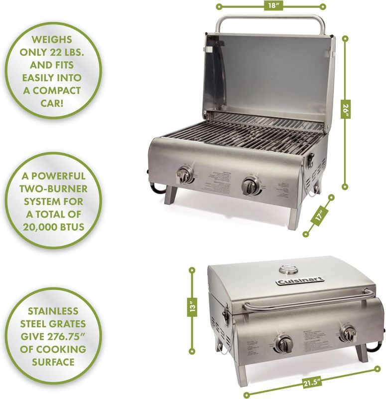 Photo 5 of (NON-REFUNDABLE) Cuisinart CGG-306 Chef's Style Portable Propane Tabletop 20,000, Professional Gas Grill, Two 10,000 BTU Burners, Stainless Steel Professional Gas Grill, Two-Burner, Stainless Steel Gas Grill