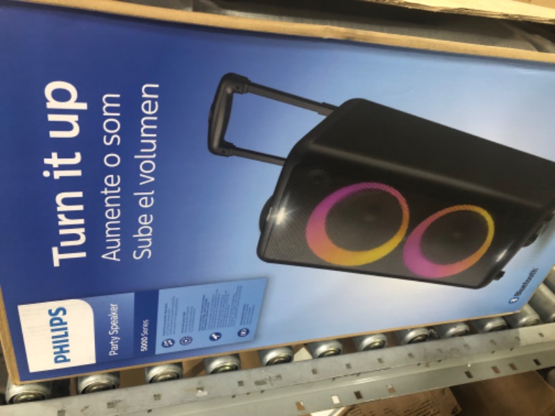 Photo 4 of ***PARTS ONLY NON-REFUNDABLLE READ NOTES**Philips X5206 Bluetooth Party Speaker with Extra bass, Up to 14 Hours Battery, Party Lights and Karaoke Effects, Microphone and Guitar Input, Audio-in, USB Charging, Built-in Trolley, TAX5206 With light effects La