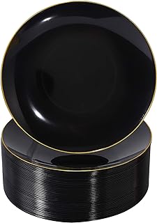 Photo 1 of Nervure 100PCS Black and Gold Plastic Plates - 10.25 inch Black Disposable Plates - Gold Plastic Plates - Black Dinner Plates Ideal for Wedding & Party
