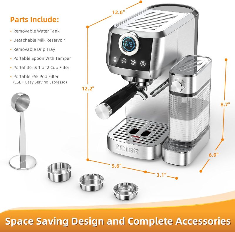 Photo 4 of (NON-REFUNDABLE) Cappuccino Machine, Latte Machine with Automatic Milk Frother, 20 Bar Espresso Machine for Home Gifts, Espresso Maker with Touchscreen, Stainless Steel Style
