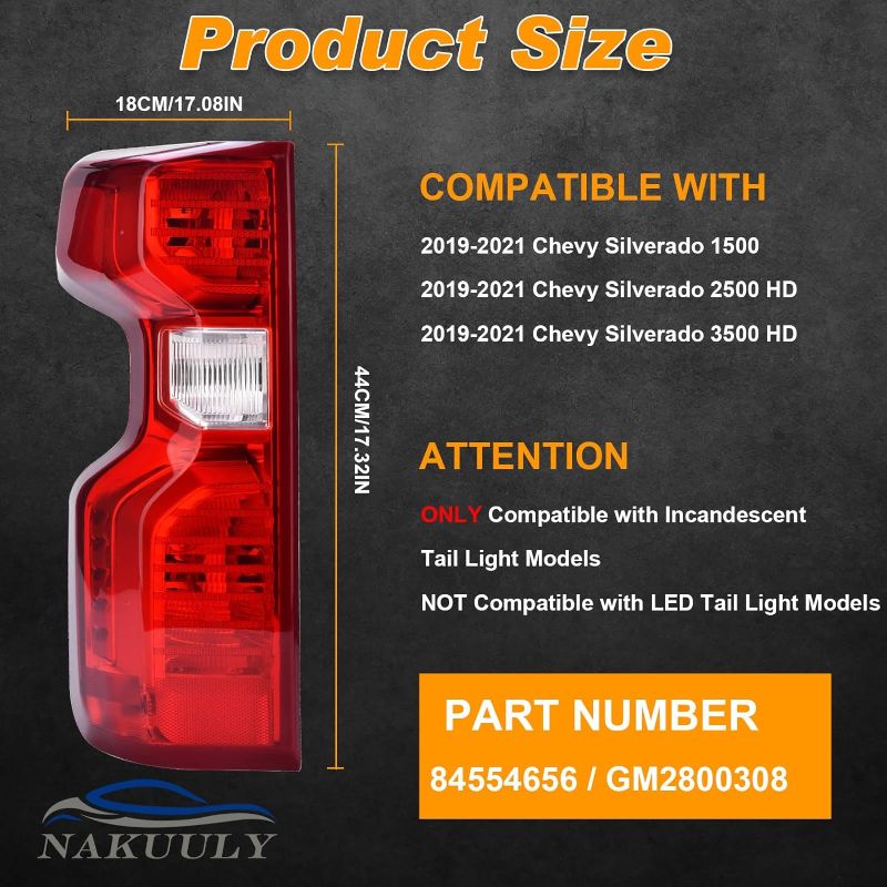 Photo 4 of (read full post) Nakuuly Tail Light Rear Lamp Halogen Type Compatible With 2019 2020 2021 2022 2023 Chevy Silverado 1500 2500HD 3500HD NON-LED Model Left Driver Side Taillight Brake Signal Assembly with Bulb & Harness

