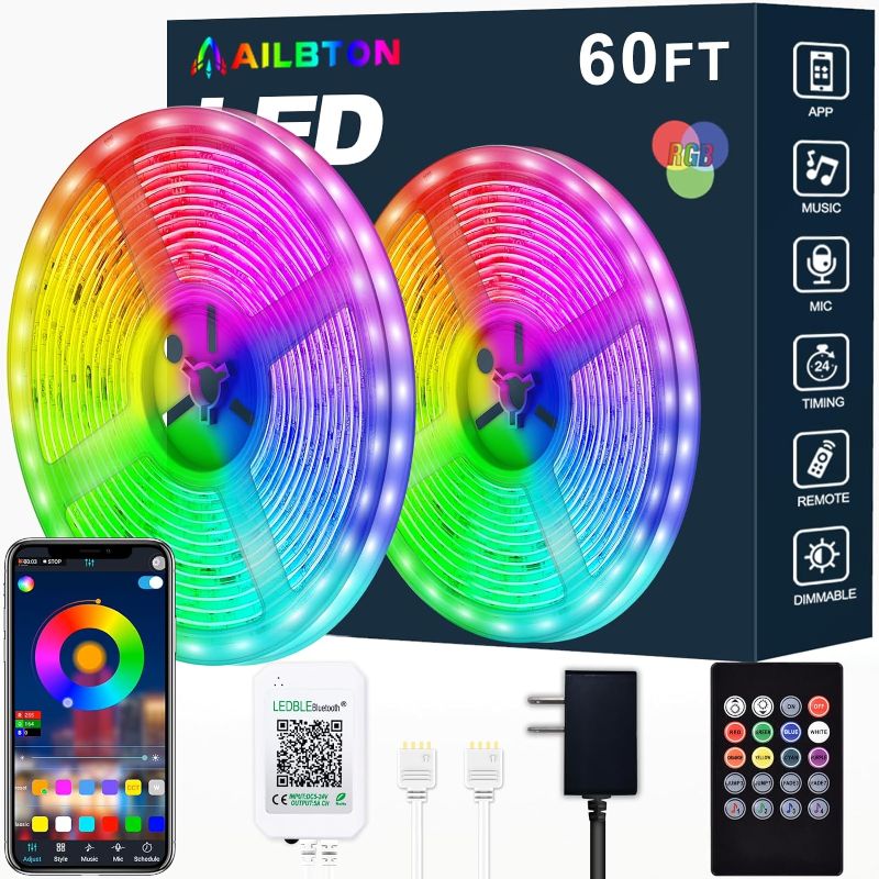 Photo 1 of AILBTON Led Strip Lights,60ft Music Sync Color Changing, Built-in Mic,Bluetooth App Control LED Tape Lights with Remote,5050 RGB Rope Light Strips
