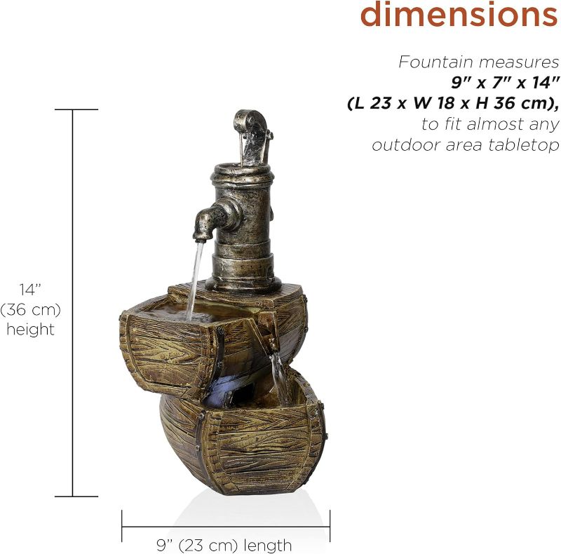 Photo 3 of (NON-REFUNDABLE) Alpine Corporation 14" Tall Indoor 2-Tier Water Pump Barrel Fountain with LED Lights, Gray/Brown