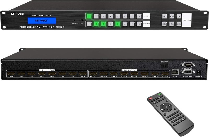 Photo 1 of MT-VIKI 4K HDMI Matrix Switch 8x8, 4K@30Hz Rack Mount Switcher & Splitter with Backlit RS232 LAN Port and EDID, Built-in US ADI Chip (8 in 8 Out)